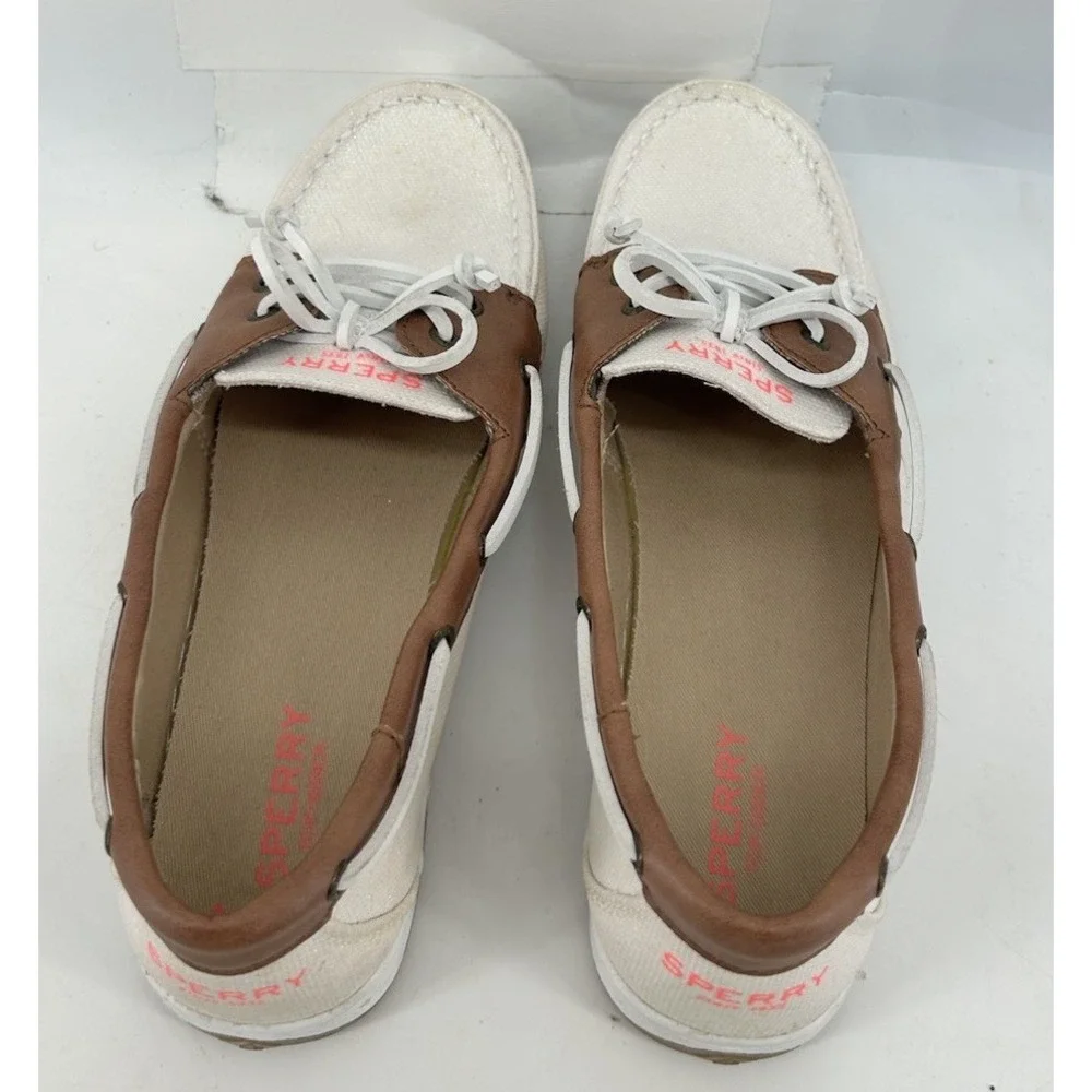 Sperry Topsider Firefish Cream Canvas Boat Shoes With Tan‎ Leather Women's 6M